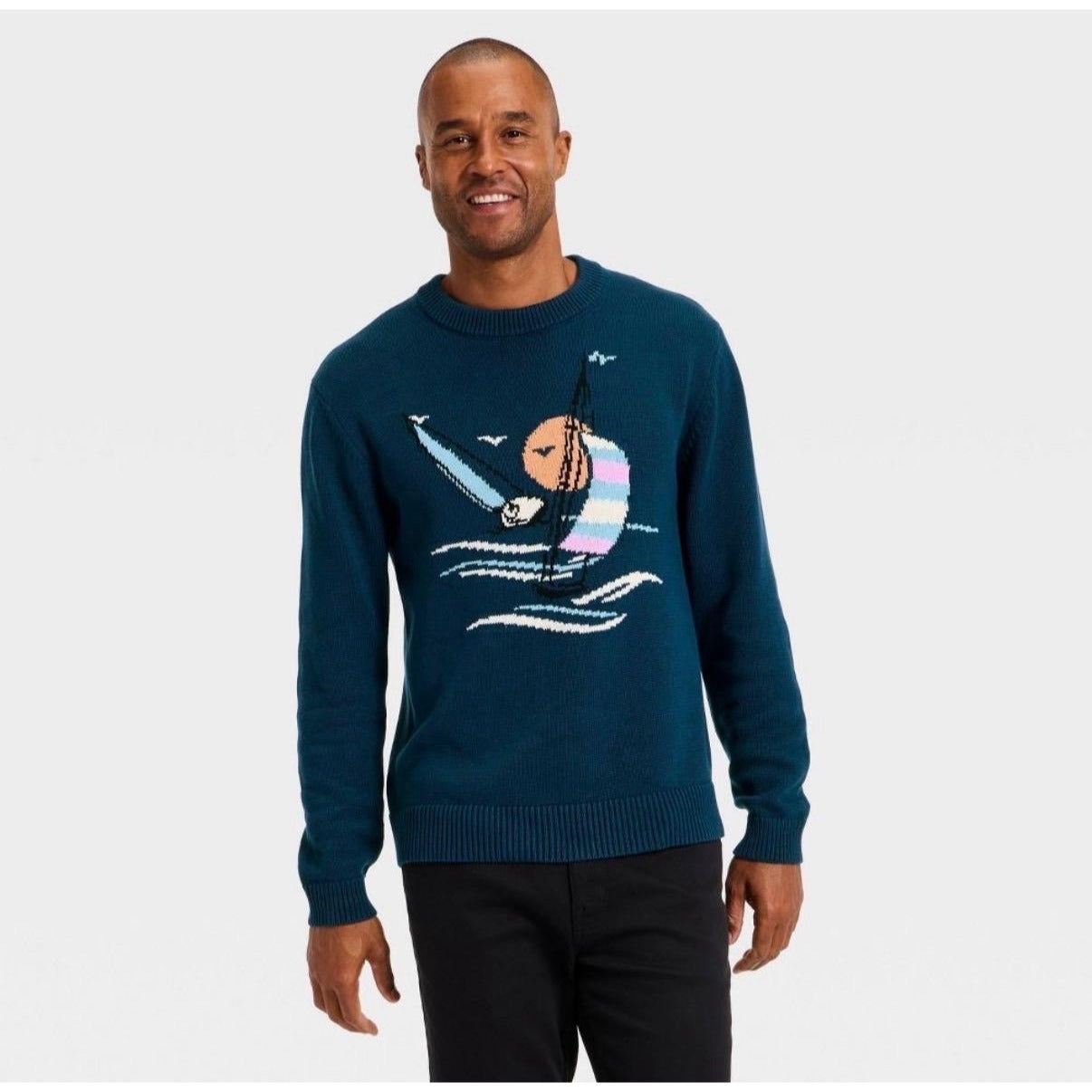 Men's new XL textured crewneck sweater long sleeve heavyweight blend cotton viscose nylon ribbed edges