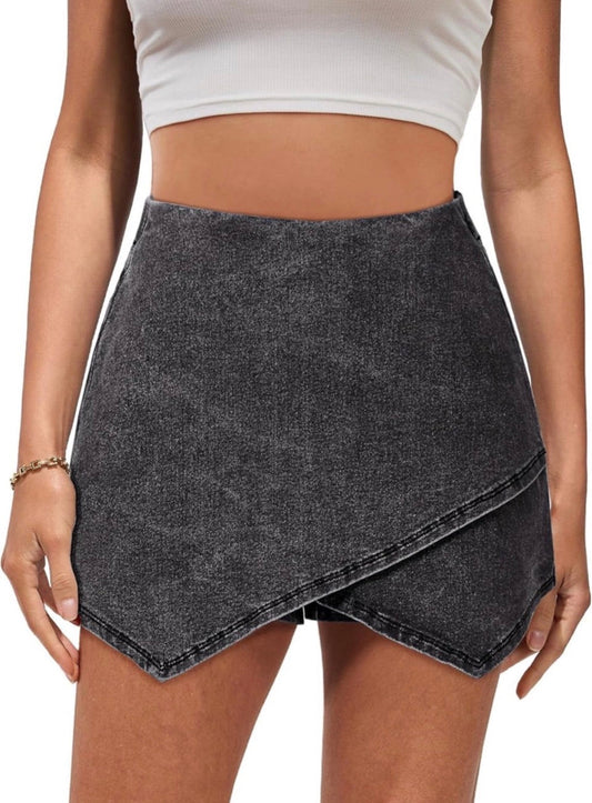 High waisted stretchy denim wrap jean skorts for women with elastic waist and back pockets