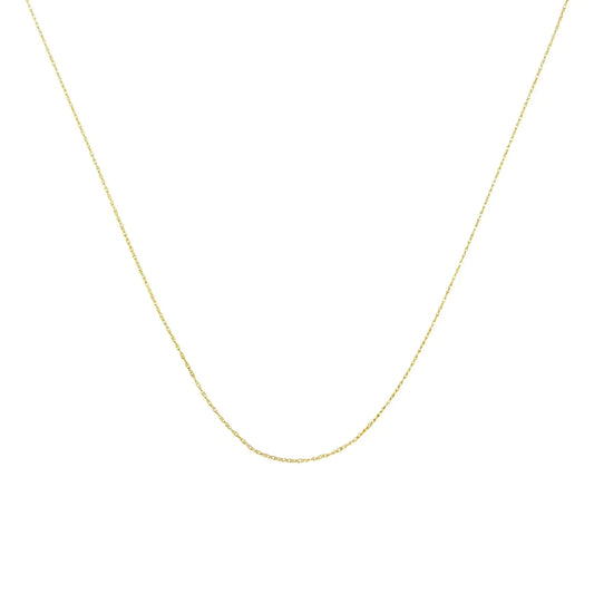 10K gold slender 0.5mm fine rope chain necklace with spring ring clasp, available in 16, 18, or 20 inches