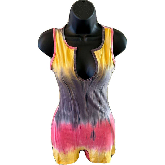 Dodo Romper One Piece in pink and yellow with tie-dye pattern.