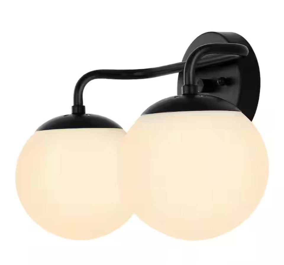JONATHAN Y Louis Parisian Globe 15 in. 2-Light Metal/Frosted Glass Modern Contemporary LED Vanity Light, Black