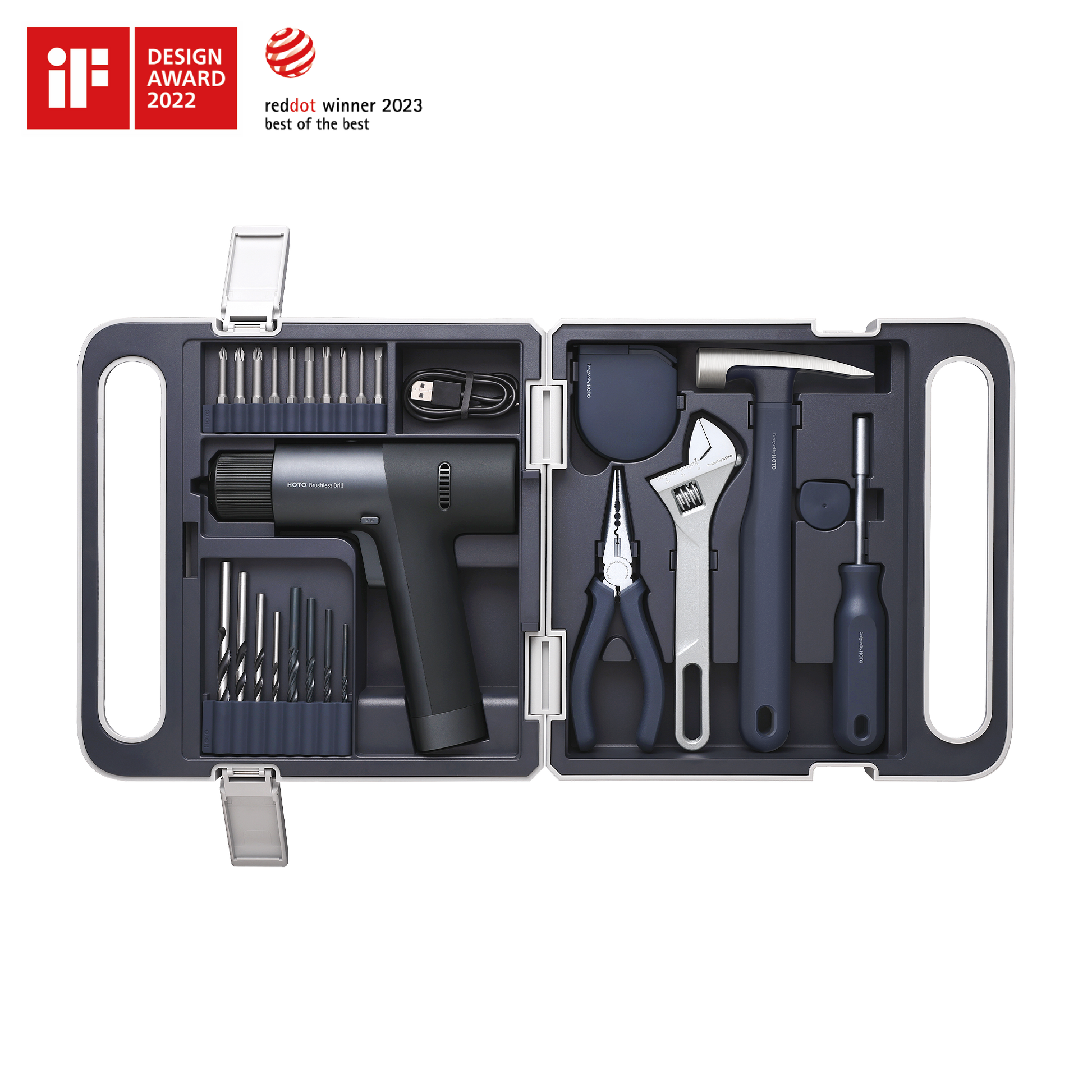 12V brushless drill tool set with compact cordless drill, drill bits, pliers, hammer, adjustable wrench, screwdriver, and USB charger in portable case