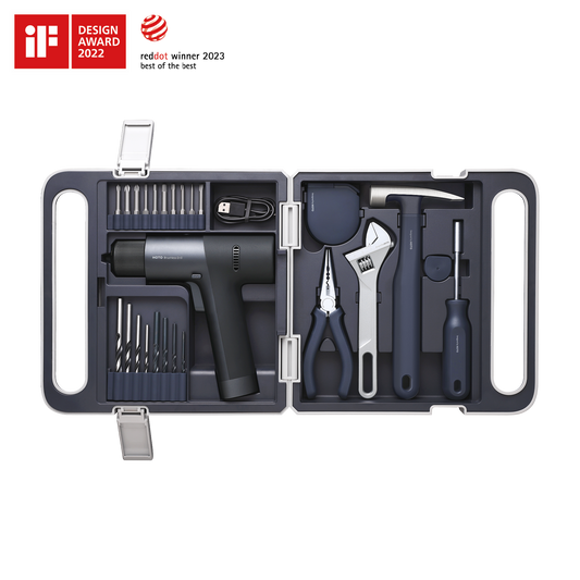 12V brushless drill tool set with compact cordless drill, drill bits, pliers, hammer, adjustable wrench, screwdriver, and USB charger in portable case