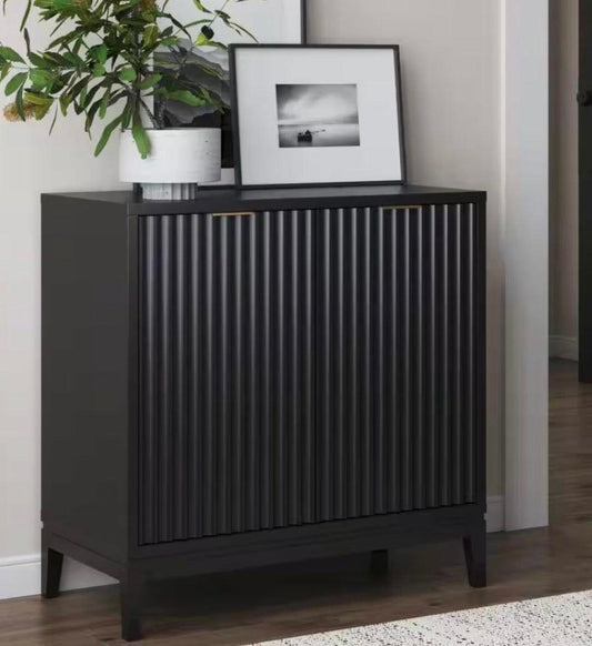 Open Box New Nathan James Jasper Black Oak Finish MDF 31 in. Sideboard Accent Storage Cabinet with Fluted Doors and Adjustable Shelves