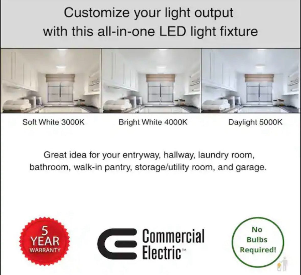 Open Box Commercial Electric 10 in. 18-Watt Adjustable CCT Disk Light LED Flush Mount Light Fixture 1500 Lumens J-Box Compatible 120V Dimmable