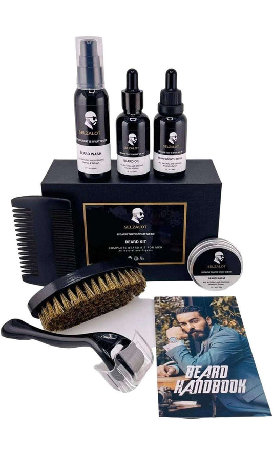 SELZALOT Beard Growth Kit with oil, serum, balm, shampoo, comb, brush, and handbook for men's beard care and grooming