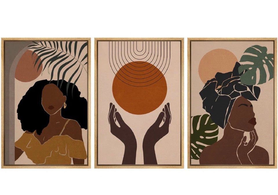 "IDEA4WALL Mid Century Modern Boho "" African American Stylish Black Woman Female Portrait Mid-Century Modern Boho Abstract Jungle Plant "" 3 - Pieces"
