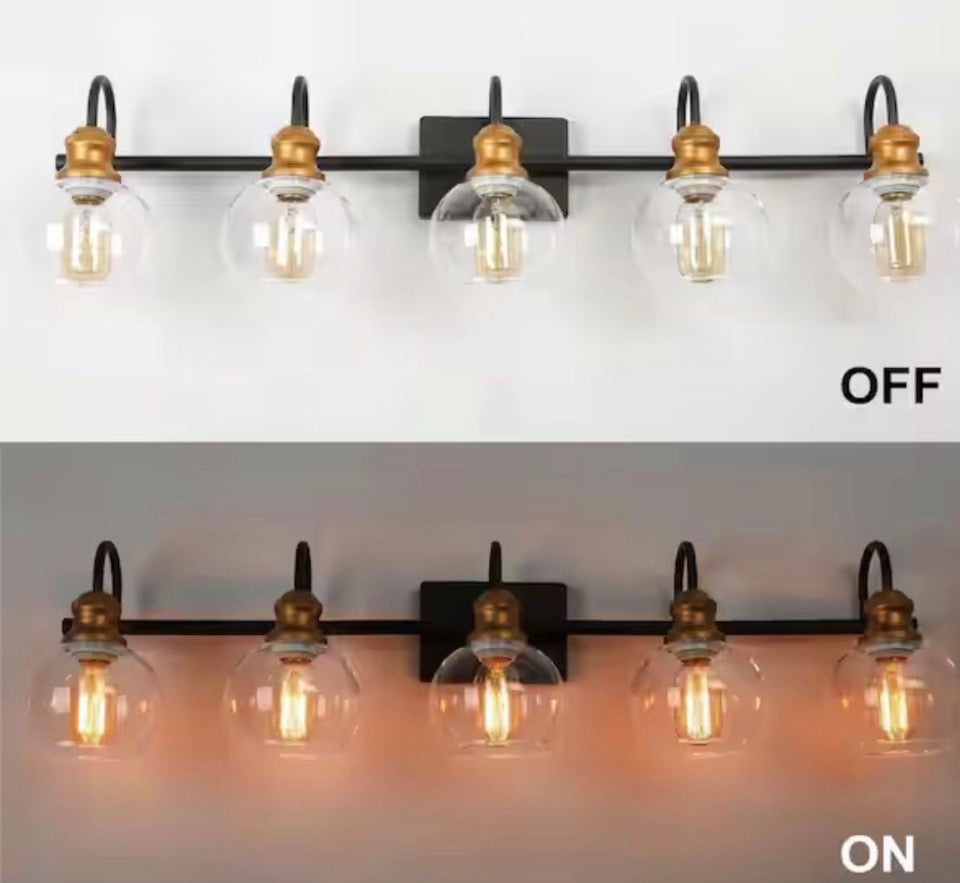 OPEN BOX NEW LNC Modern 35.5 in. 5-Light Aged Brass Vanity Light with Black Linear Frame and Clear Glass Globes