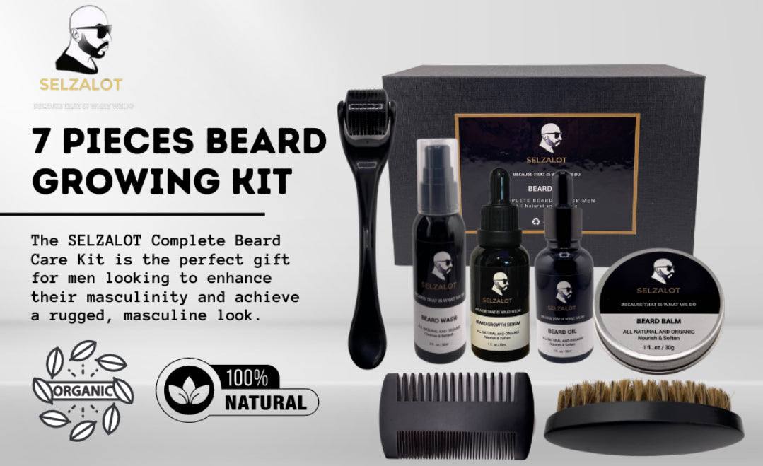SELZALOT Beard Growth Kit Facial Hairs Men's Grooming Set 7 Pieces Beard Products with Oil, Serum, Balm, Shampoo, Comb, Brush and Hand Beard Care Kit for Men Men Self Care - Selzalot