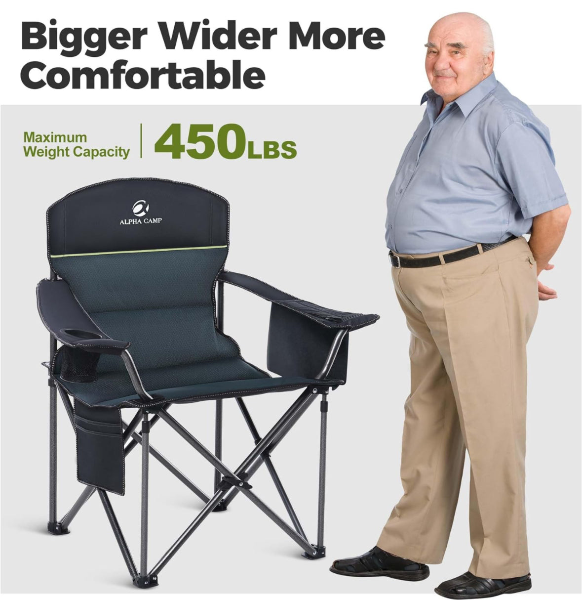 ALPHA CAMP Oversized Heavy Duty Lawn Chair with Cooler Bag Support 450 LBS Steel Frame Camping Folding Collapsible Padded Quad Lumbar Back Arm Chair f