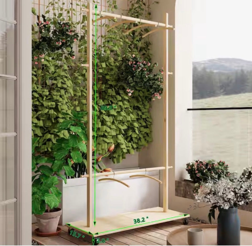 OPEN BOX NEW Angel Sar 38.2 in. x 15.7 in. x 72.1 in. Solid Wood Modern Clothes Rack with 6 Wooden Hangers, Adjustable Shelf and Wheels