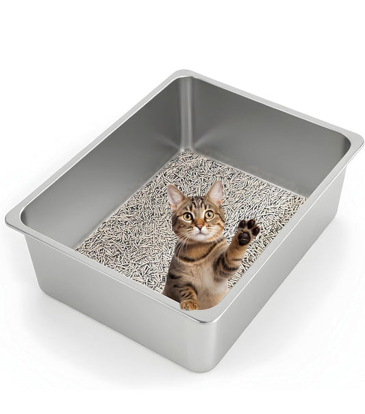 Extra large stainless steel cat litter box with high sides and open top featuring a cat inside on litter pellets.