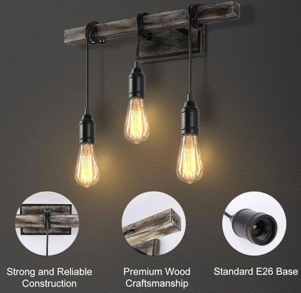 LMSOD 3 Lights Vintage Wall Sconce, Farmhouse Industrial Bare Bulb Wire Wrapped Wood Beam Linear Bathroom Vanity Light