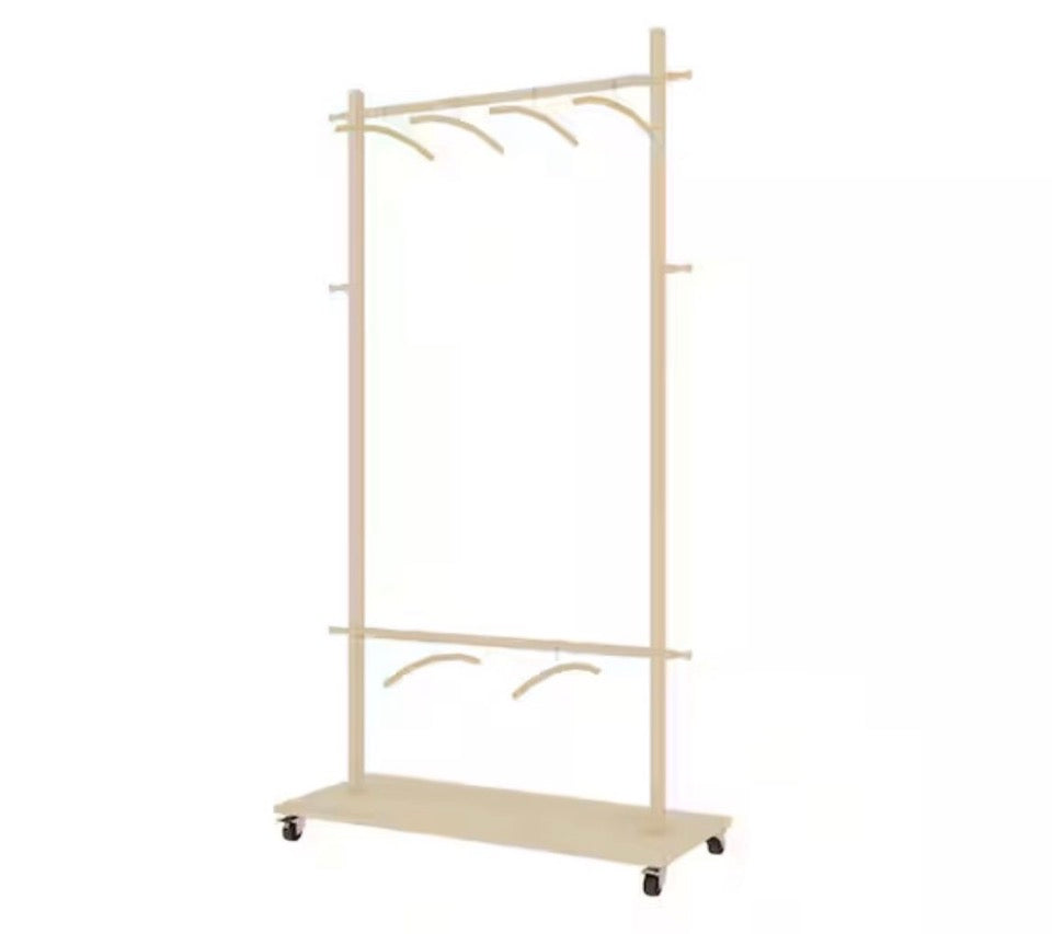 OPEN BOX NEW Angel Sar 38.2 in. x 15.7 in. x 72.1 in. Solid Wood Modern Clothes Rack with 6 Wooden Hangers, Adjustable Shelf and Wheels