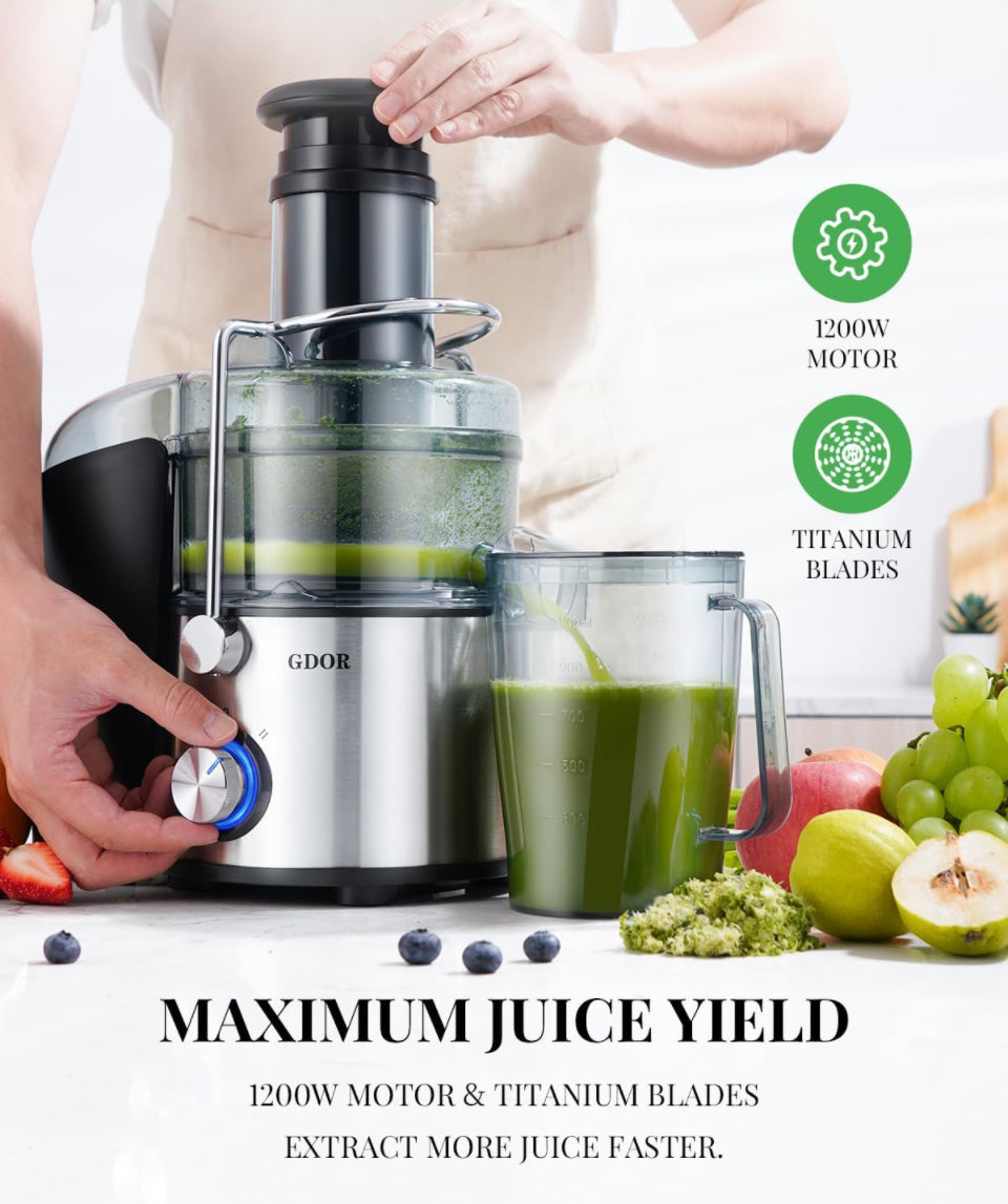 GDOR Powerful 1200W Juicer with Titanium Enhanced Cut Disc, Larger 3” Feed Chute Juicer Machines for Whole Fruits and Vegetables, Centrifugal Juicer w