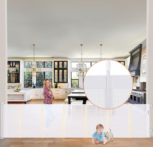 120 inches extra wide retractable baby gate with fiberglass reinforcement, 35 inches tall, installed in kitchen doorway with baby and dog behind gate