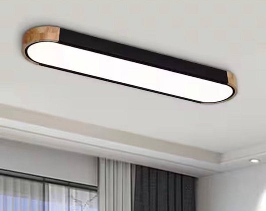 Lumin 38 in. W 1-Light Black and Wood Integrated LED Flush Mount Minimalist Long Oval Ceiling Light for Bathroom/Kitchen