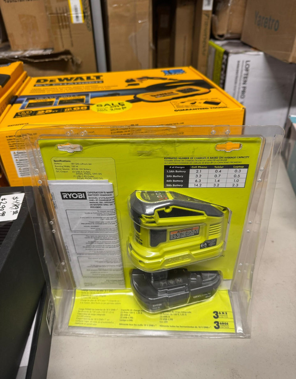 Open Box New RYOBI 18V ONE+ 150-Watt Portable Battery Inverter Power Source and Charger
