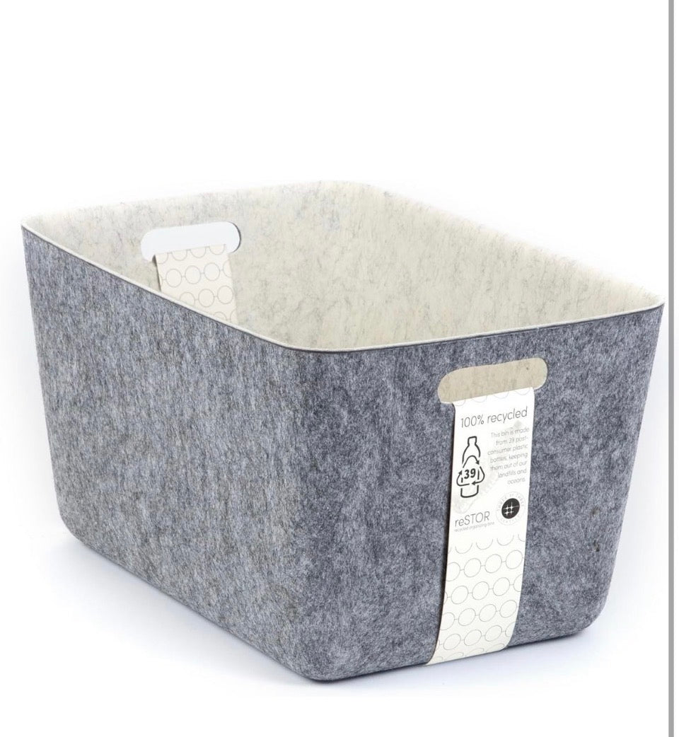 Three by Three Seattle reSTAK Medium Tall Storage Bin – Made from 100% Post-Consumer Recycled PET, Charcoal/Cream Felt Design for Stylish Organization
