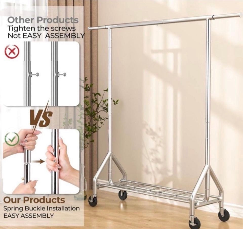 Open Box HYSEYY Heavy Duty Clothes Rack Load 450 LBS, Metal Garment Rack, Standing Rolling Clothing Rack for Hanging Clothes with Sturdy Wheels & Shel