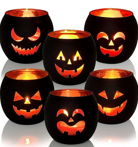 Open Box New SHMILMH Halloween Table Decor Set of 6, Jack O Lanterns Black Glass Votive Tealight Candle Holders, Halloween Decorations Indoor Party Ma