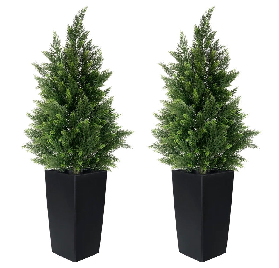Set of 2 Vitalismo Faux Cedar Trees in black pots with lush green PE leaves, 40-inch tall, ultra-realistic, durable, and maintenance-free for indoor and outdoor decor.