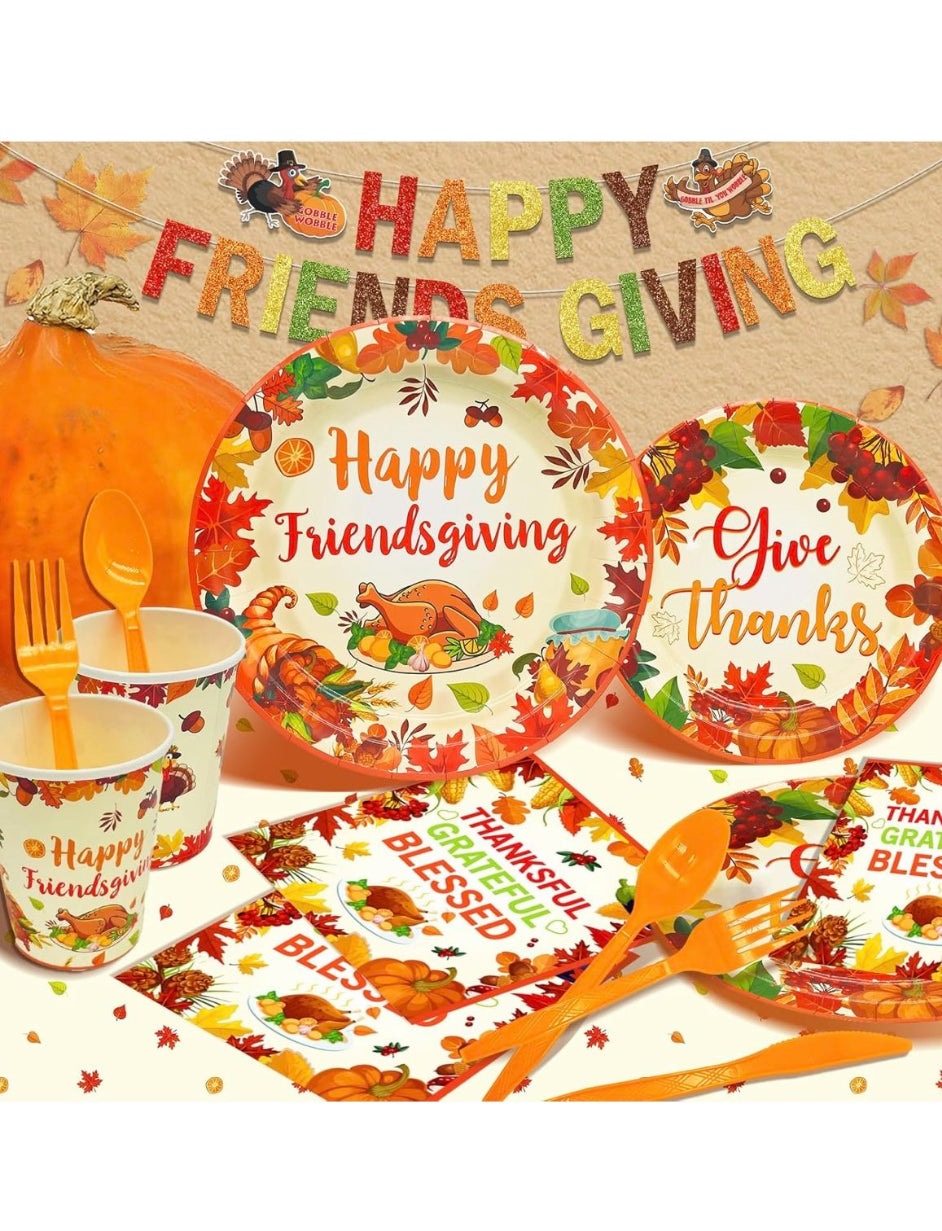 Open Box New Xcvwz 189Pcs Thanksgiving Party Supplies - Plates, Napkins, and Happy Friendsgiving Banner for Decorations