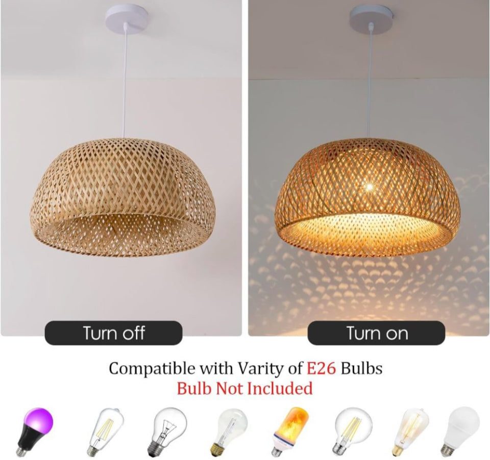 Teru Ji Kaikang Hand Woven Bamboo Pendant Light, 17.7"Bamboo Rattan Ceiling Hanging Light, for Living Room Kitchen Dining Room Farmhouse - Selzalot