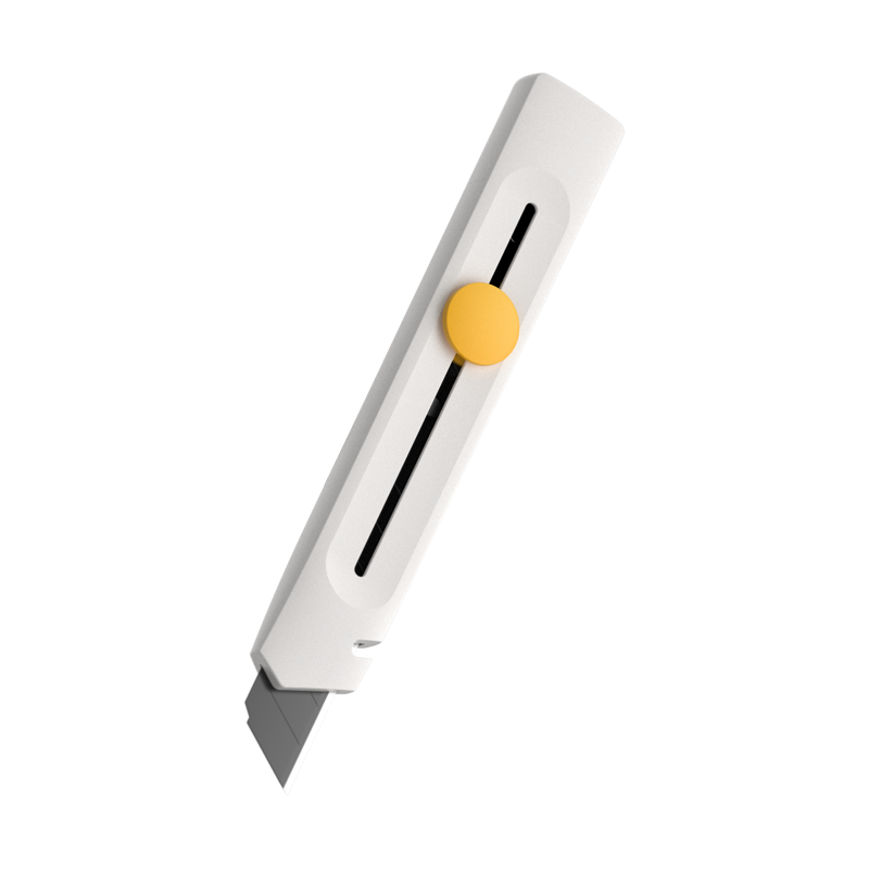 Lightweight white box cutter with yellow slider, 8-section antirust blade, and metallic guide rails for precise cutting