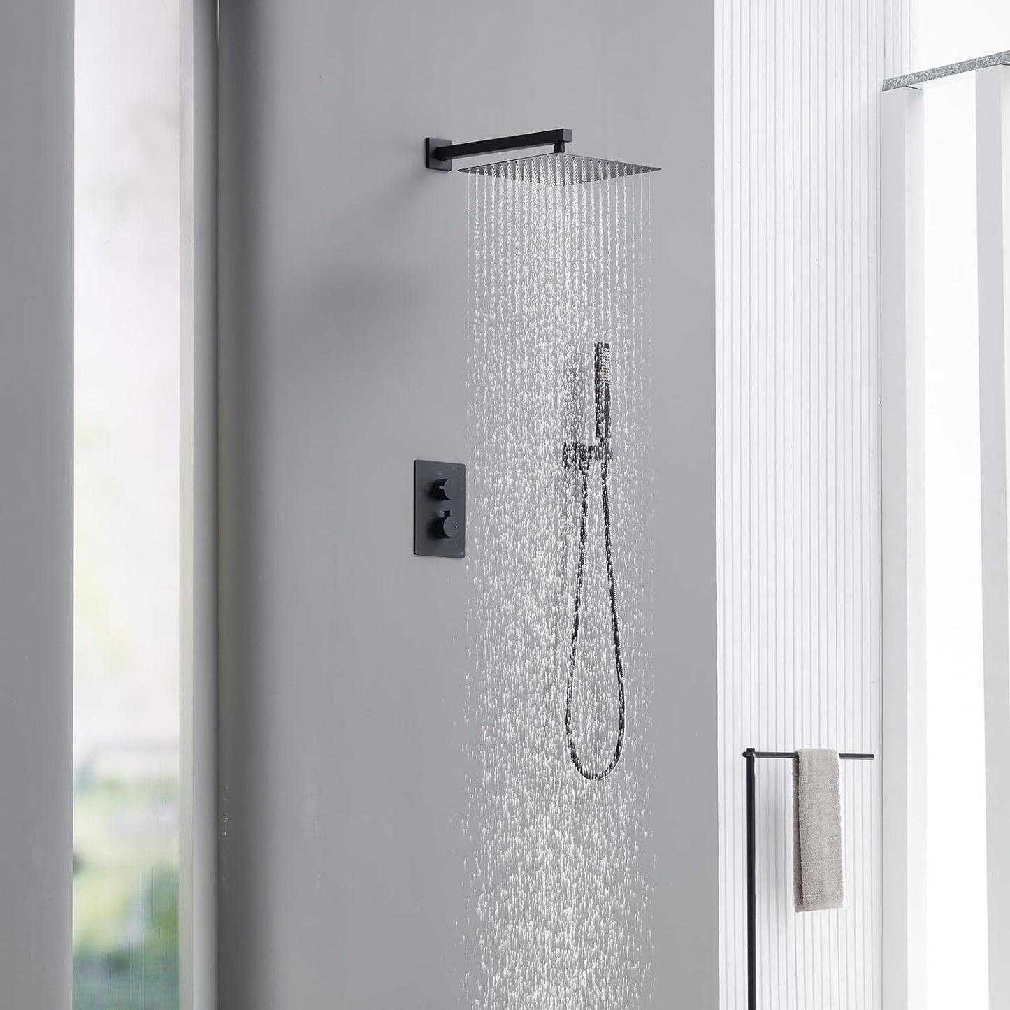 TRUSTMI Thermostatic Shower System Set Matte Black, 3-Way Push Button Diverter Brass Wall Mount Ceiling Shower Faucet Complete with16 Inch 2 Modes Wat - Selzalot