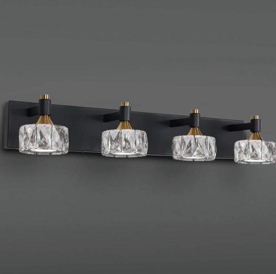 Brknit 4-light black crystal bathroom vanity light with clear glass shades and matte black frame, modern dimmable LED wall fixture