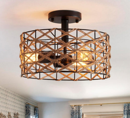 Open Box BUXVRCS Boho Flush Mount Ceiling Light, 3-Lights Black Drum Rustic Industrial Hemp Rope Cage Overhead Light Fixture, Rattan Light Fixtures for Hallway Bedroom Kitchen Entryway Farmhouse E26 Base