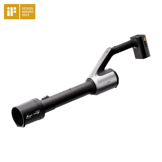 HOTO 20V cordless leaf blower with lightweight, ergonomic one-handed design, variable speed dial, retractable siphon tube, and rechargeable 20V battery for outdoor lawn care.