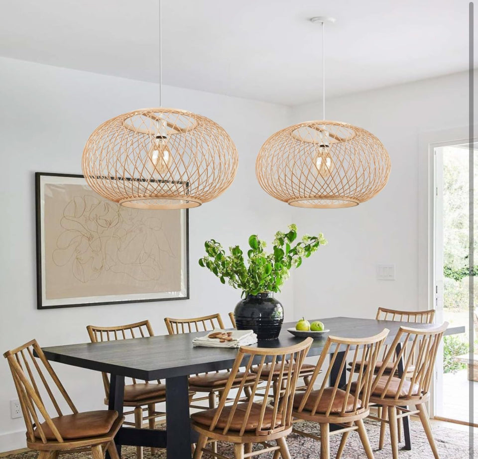 Hodevimall Bamboo Pendant Lights, Boho Chandelier Hand-Woven Oval Hanging Light Lampshade for Living Room Dining Room Kitchen Island, 19.68"x11.81"