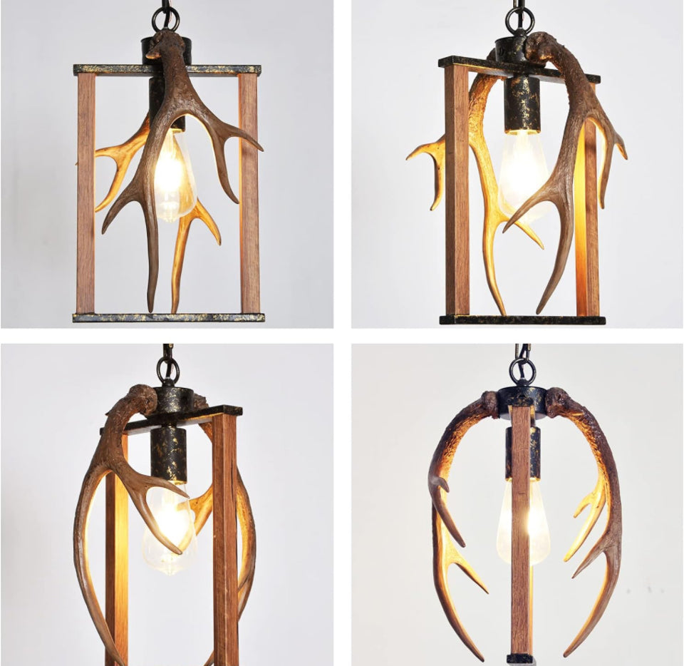 ALOYSIANS Small Deer Antler Lamp Imitation Wood Chandeliers FarmhouseSquare Antler Chandelier 1-Light 8.7"W*14.8"H Kitchen Lights Pendant Light Fixture - Selzalot