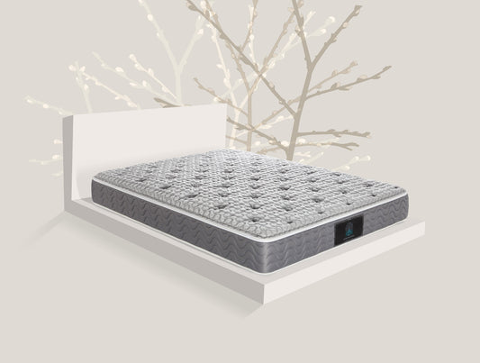 HydroMattress dual waterbed mattress with plush top and grey quilted sides on white platform bed.
