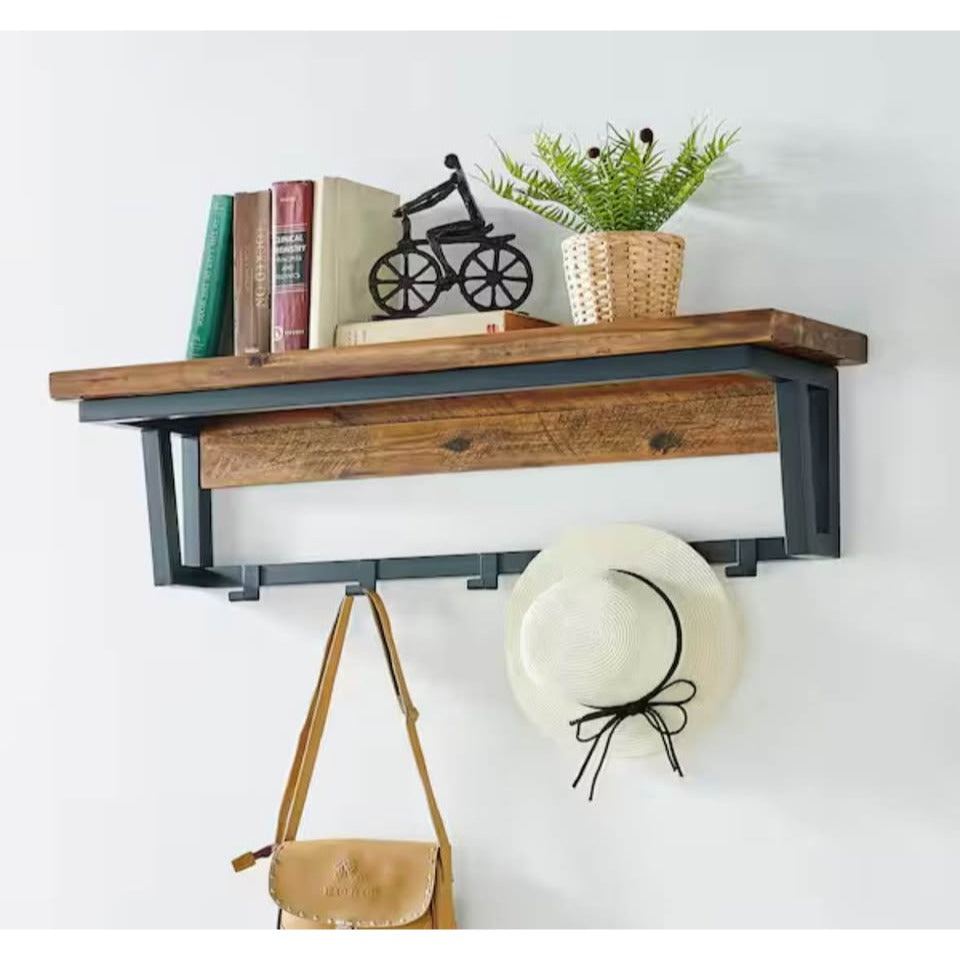 Claremont 40"L Rustic Wood Coat Hook with shelf and five black metal hooks showing natural wood grain and rustic design