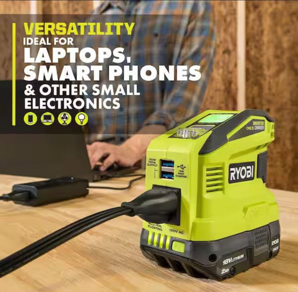 Open Box New RYOBI 18V ONE+ 150-Watt Portable Battery Inverter Power Source and Charger