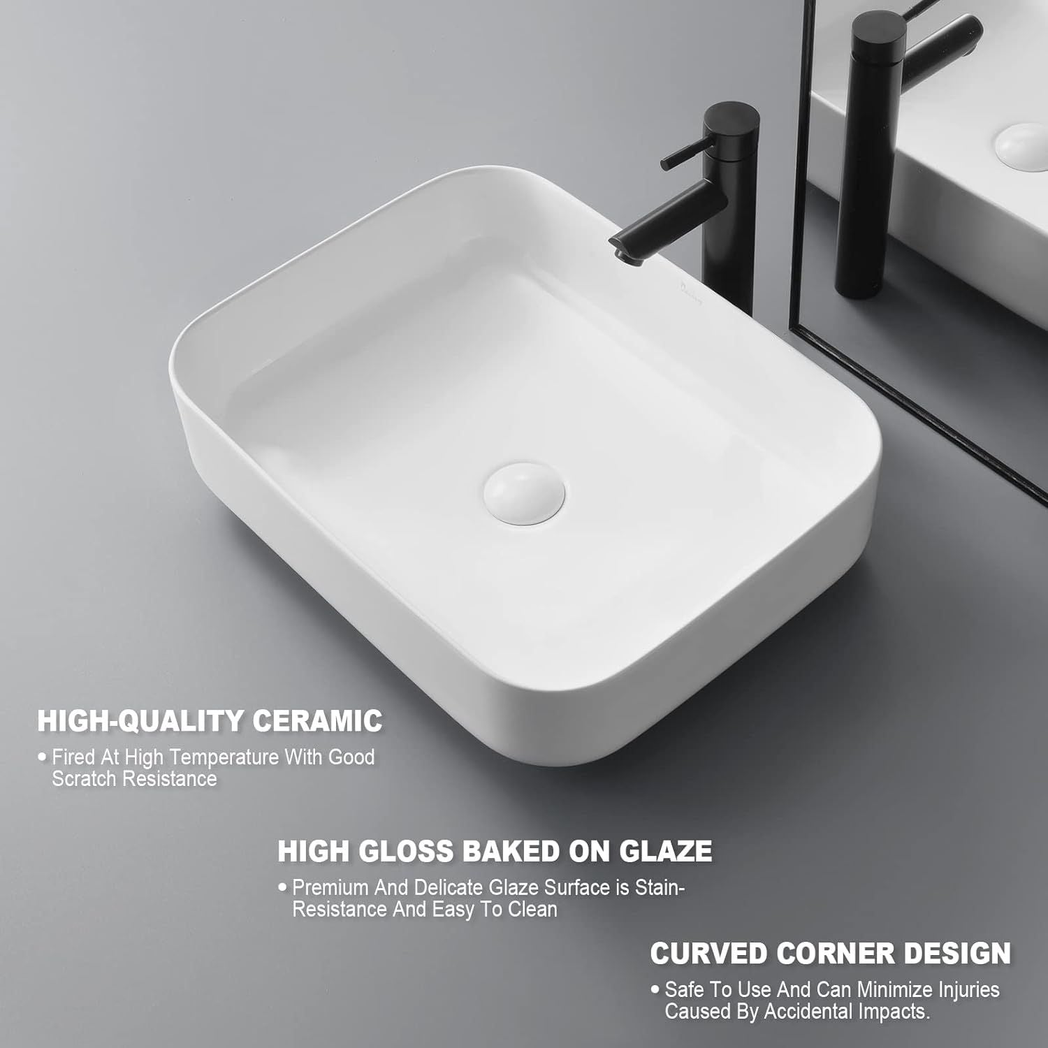 Tysun Rectangle Vessel Sink, 20" x 16" Bathroom Sink Above Counter, White Bathroom Vessel Sink Porcelain Ceramic Sink Bowl Vanity Sink Art Basin for Bathroom - Selzalot