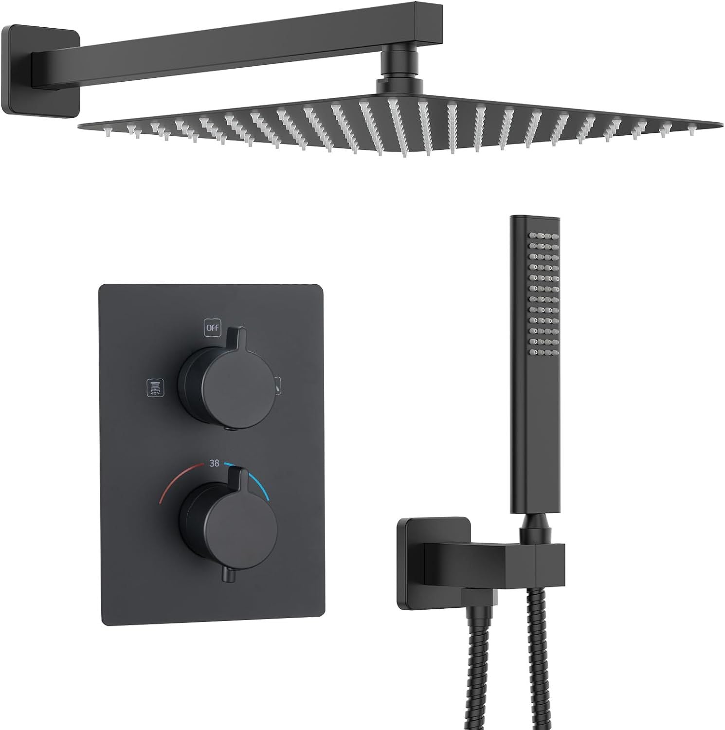 Matte black TRUSTMI thermostatic shower system with 16-inch square rain shower head, handheld shower, and wall-mounted control panel