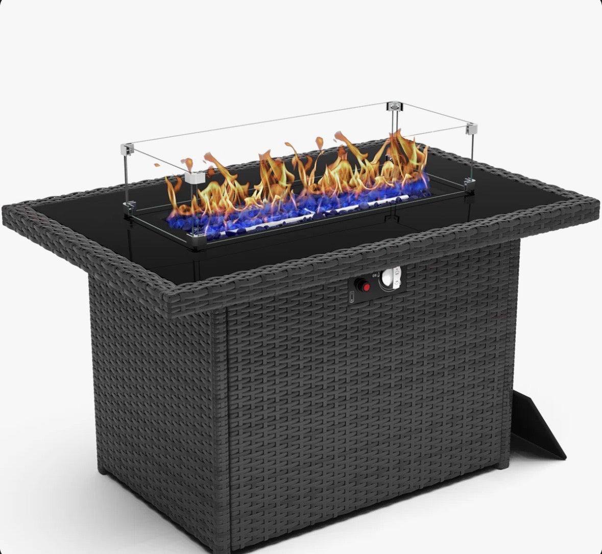 LayinSun Alturas 44"Propane Gas Fire Pit Table, 55000 Btu Rectangular Fire Pit With Glass Wind Guard For Outside Patio Deck Garden Backyard