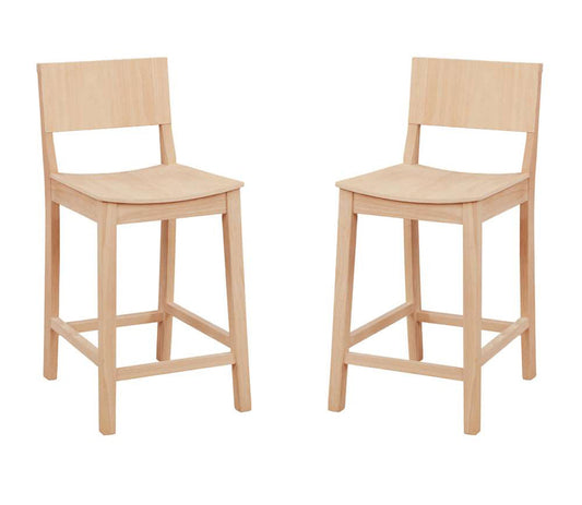 Set of 2 unfinished LINON HOME DECOR Devin counter stools made of solid rubberwood with saddle seats and footrests for counters 35-39 inches high