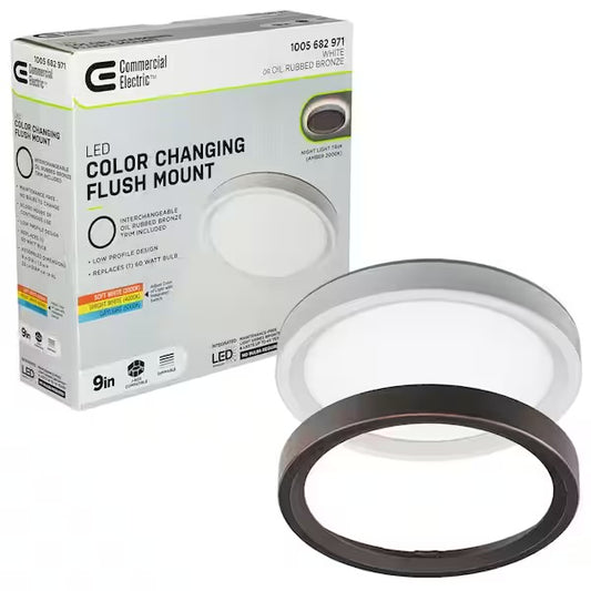 Commercial Electric 9 in. White, Oil Rubbed Bronze Trims 800 Lumens LED Flush Mount Ceiling Light Fixture with Night Light Adjustable CCT