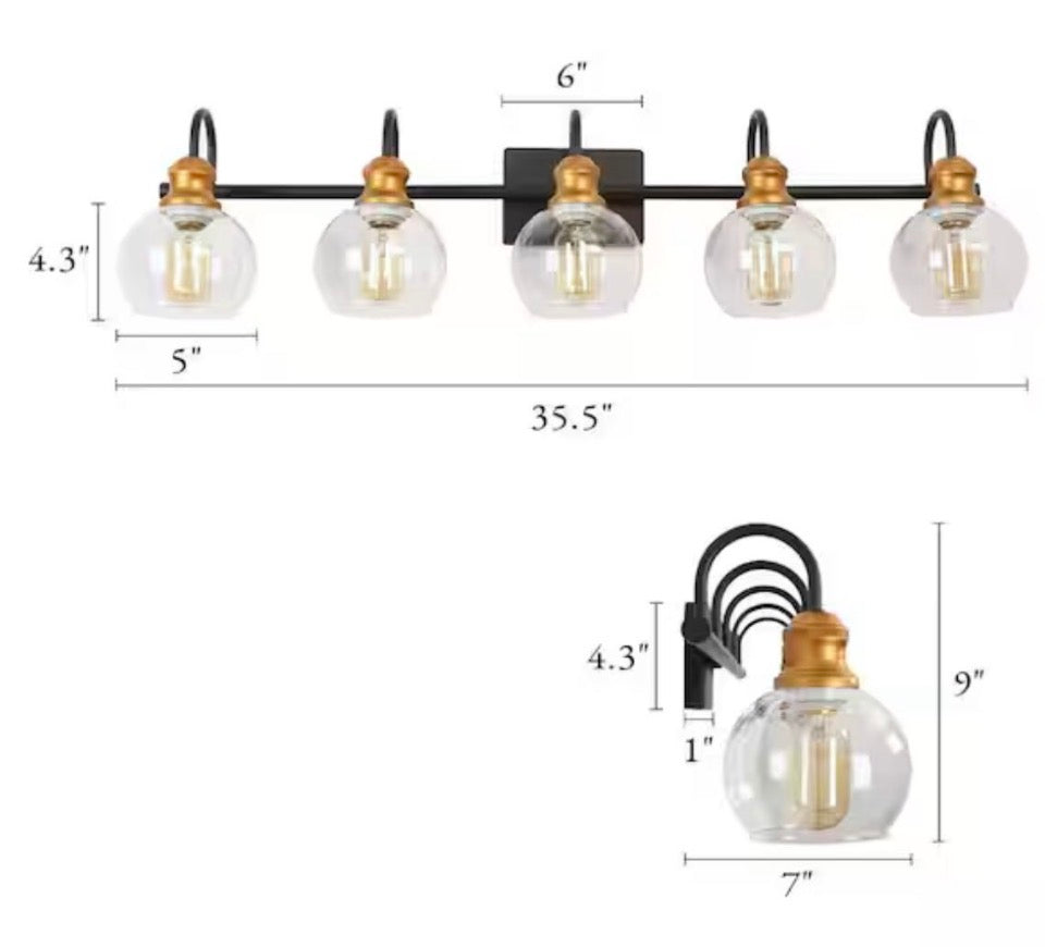OPEN BOX NEW LNC Modern 35.5 in. 5-Light Aged Brass Vanity Light with Black Linear Frame and Clear Glass Globes