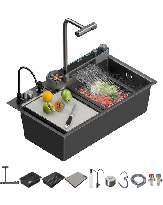 Modern kitchen sink with large single bowl, honeycomb embossed design, digital pullout faucet, cup wash, purifying faucet, and soap dispenser.