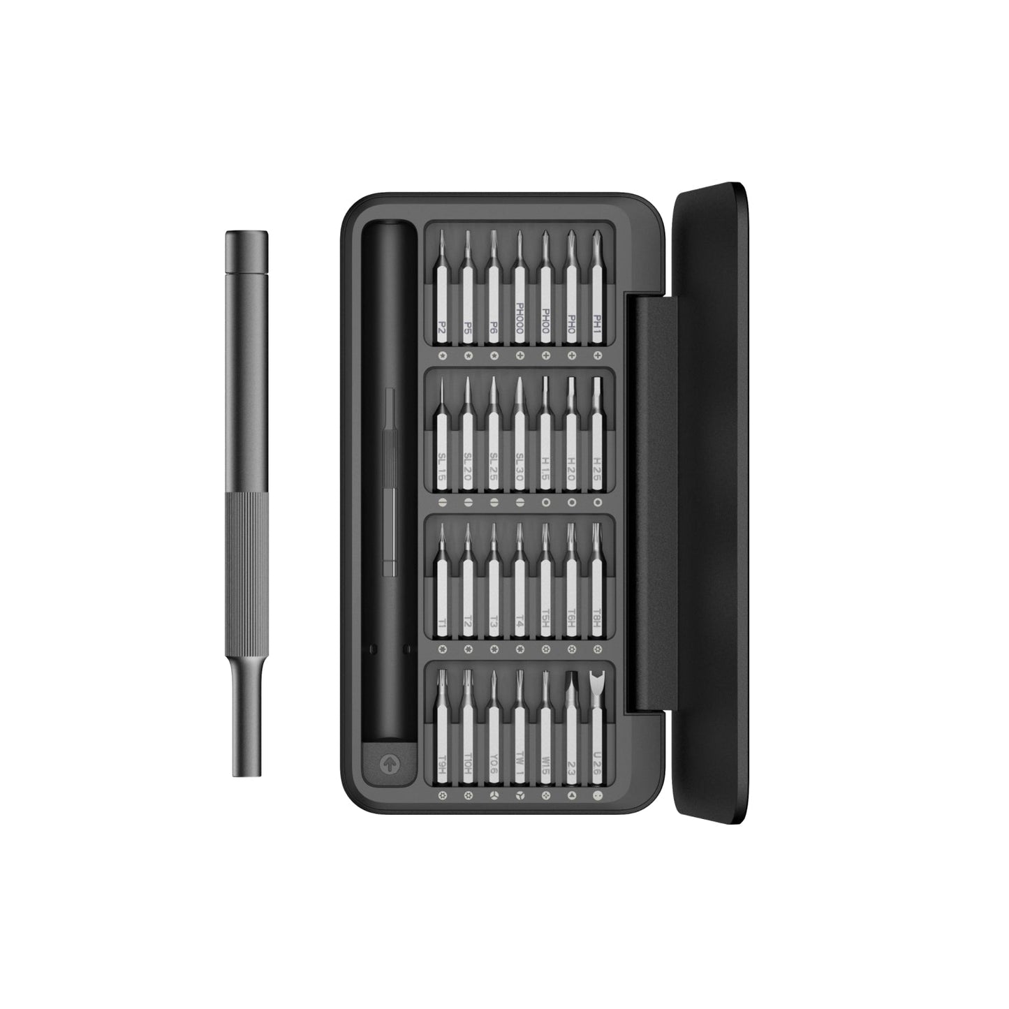Compact Precision Screwdriver Kit with 28 S2-Steel Bits, magnetic storage, slip-proof handle, and 360° rotating lid in a black semi-auto box