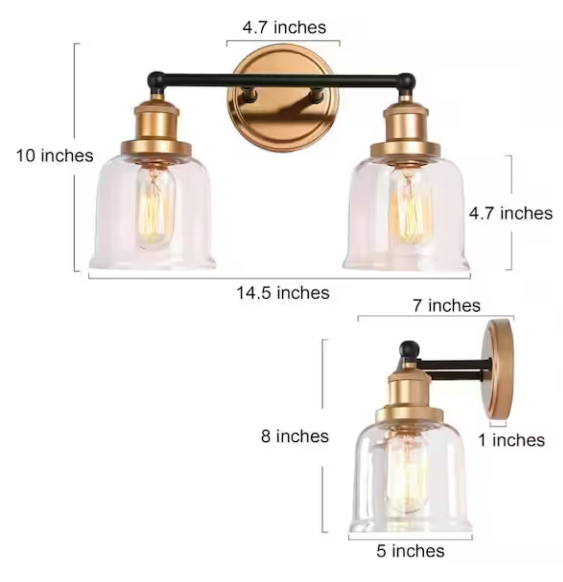 Uolfin Modern Dome Bathroom Vanity Light 2-Light Black and Brass Bell Wall Sconce Light with Clear Glass