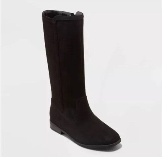 Cat & Jack Mylah black tall kids boots in faux suede with zipper accent.