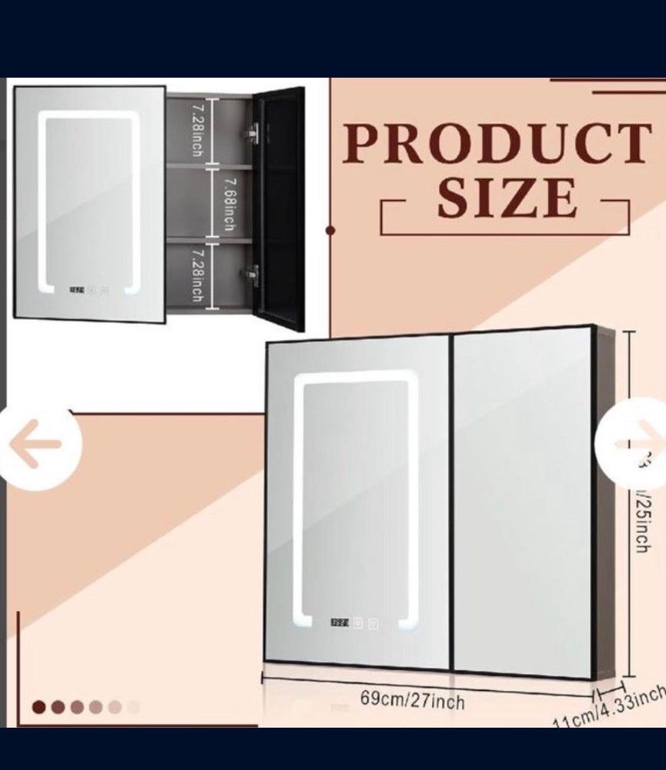 Open Box Wenqik LED Mirror Medicine Cabinet, 25 x 27 Inch Bathroom Medicine Cabinet with LED Lights and Mirror, Wall Mounted Mirror Cabinet with Dimme