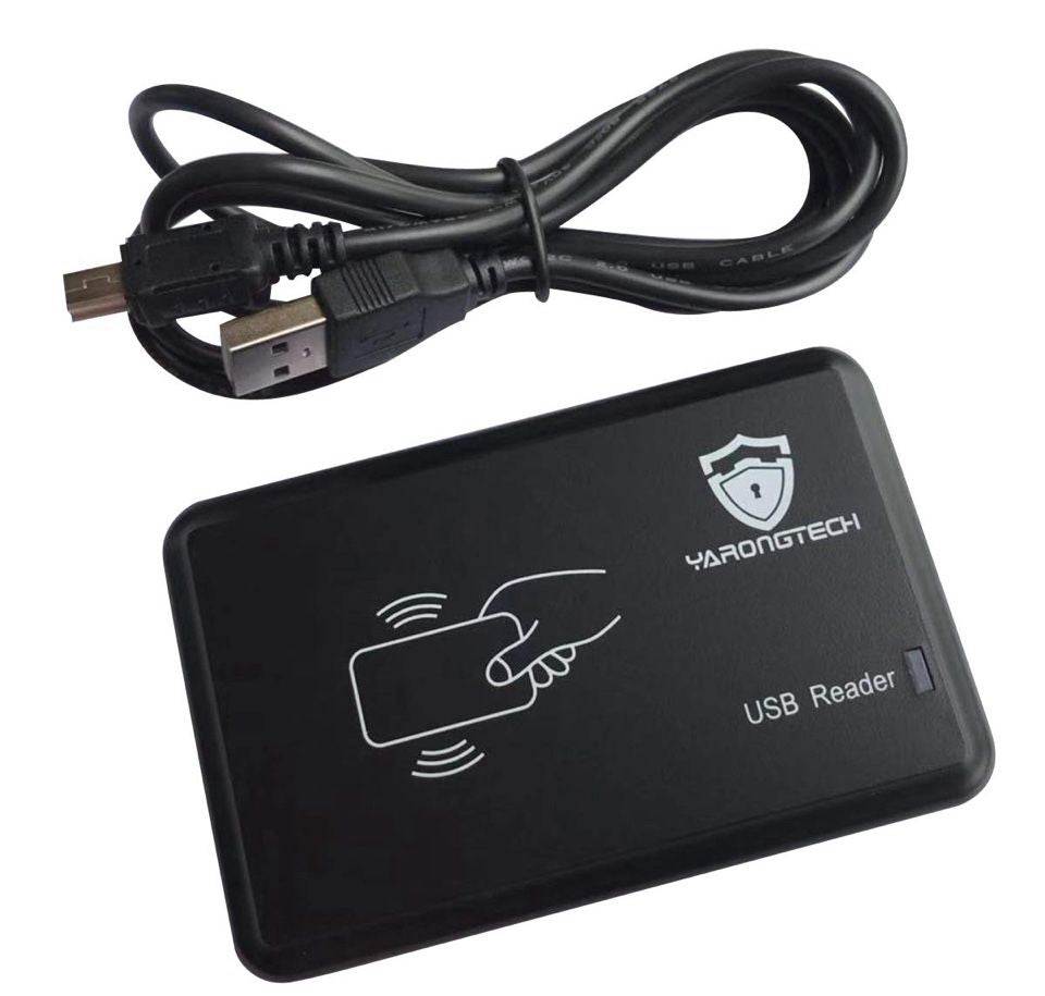 YARONGTECH RFID MIFARE 13.56MHz USB card reader with cable, black compact design, plug and play.